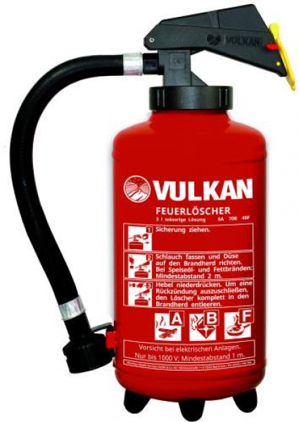 Vulkan 3 Liter Fettbrand-Feuerlöscher fluorfrei mit Hebelarmatur, F 3 H, DIN EN 3, Klasse AF Vulkan 3 Liter Fettbrand-Feuerlöscher fluorfrei mit Hebelarmatur, F 3 H, DIN EN 3, Klasse AF